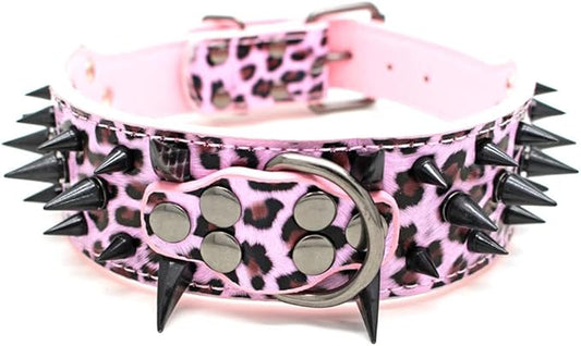Serijoars Spiked Studded Dog Collar, PU Leather Dog Collar, Adjustable Pet Collars for Medium or Large Breed Pet (S, Leopard3)