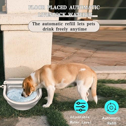Automatic Dog Water Dispenser, Outdoor Chicken Waterer with Drain Valve, Easy Cleaning, Stainless Steel Auto Livestock Water Bowl with Float Valve, Self Drinking Trough for Horse (1 Gallon)