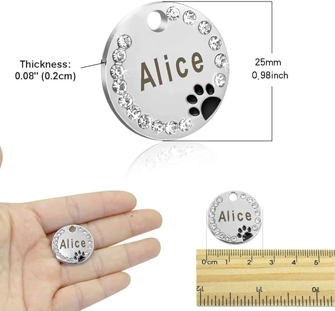 Personalized Dog/Cat Cute Paw Pet ID Tag for Pet Collar or Key Chain - Custom Laser Engraved Unique Dog/cat Name tag with Phone Number (Pink, Crystals Round-Small)
