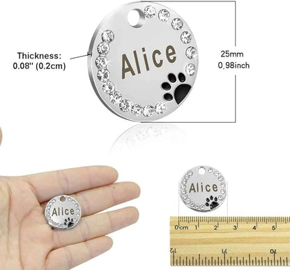 Personalized Dog/Cat Cute Paw Pet ID Tag for Pet Collar or Key Chain - Custom Laser Engraved Unique Dog/cat Name tag with Phone Number (Green, Crystals Round-Small)