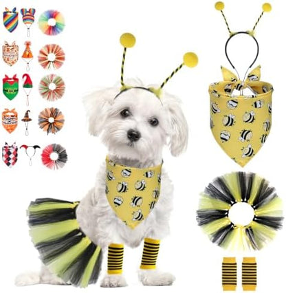 SCENEREAL Small Dog Halloween Costume, Bee Bandana Hat Dress Set with Leg Sleeve, 4pcs Puppy Party Supplies, Soft Triangle Scarf, Cute Tutu Skirt Outfit for Girl Boy Pet by SCENEREAL