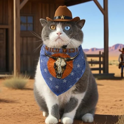 HOWWFALY Pet Cowboy Costume Set Dog Halloween Costumes Cat Cowboy Hat & Bandana Scarf for Small Medium Breeds(Bule, Medium) - Image 3