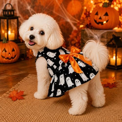 Halloween Dog Dress Ghost Print Pet Costume with Orange Bow Soft Fabric 5 Sizes for Small & Medium Dogs Cute & Comfortable Holiday Outfit - Image 7