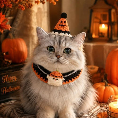 4 Pcs Halloween Cats Dogs Pets Crochets Handmade Collars Soft Wool Neck Collars with Hats Knitted Costume Photo Shoot Props Bibs for Multiple Family Matching Set (Cool Pumpkins) - Image 6