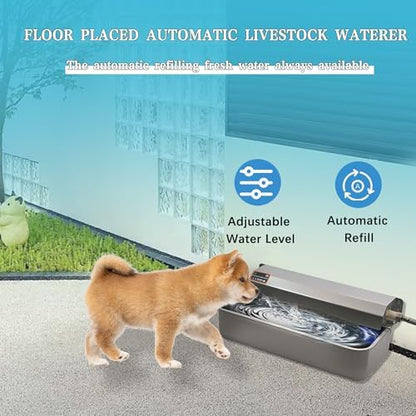 Automatic Dog Water Dispenser with Drain Hole, 304 Stainless Steel Auto Water Dog Bowl with Float Valve, Hose Quick Connect Fitting, Automatic Livestock Waterer for Horse, Chicken (2 Gallons)