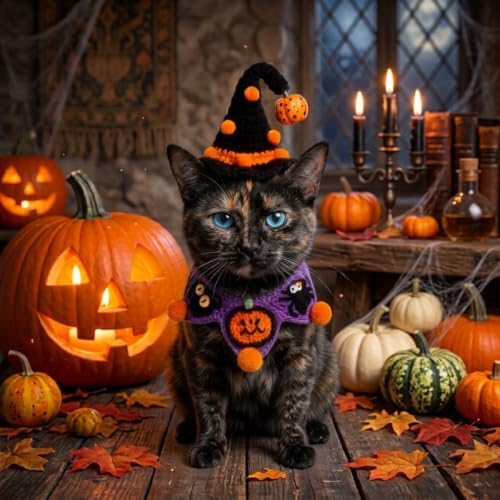 Halloween Dog Costume - Black Witch Hat & Halloween Outfit for Cats and Small Sized Dogs,Handmade Festive Halloween Pet Apparel with Pumpkin Design for Party & Photos - Image 4