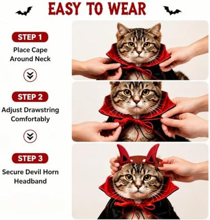 Halloween Pet Devil Costume Set for Dogs & Cats, Vampire Cape with Devil Horn Headband, Adjustable Pet Halloween Costume for Halloween Party, Photo Props(Black & Red, M) - Image 5