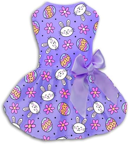 Easter Dog Dress Purple Bunny & Egg Pattern, Cute Spring Girl Puppy Skirt with Satin Bow, Soft Breathable Pet Clothes for Small Medium Dogs & Cats, Holiday Party Outfit Apparel by Miiemiu