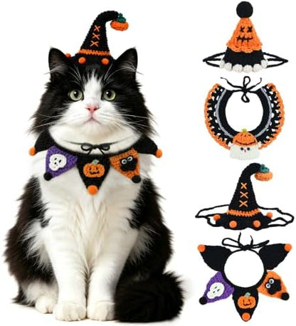 4 Pcs Halloween Cats Dogs Pets Crochets Handmade Collars Soft Wool Neck Collars with Hats Knitted Costume Photo Shoot Props Bibs for Multiple Family Matching Set (Cool Pumpkins) by Elasign