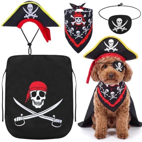 Huhumy 4 Pcs Dog Pirate Costume Hat Cape Bandana, Black, Small by Huhumy