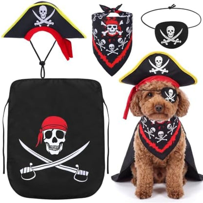 Huhumy 4 Pcs Dog Pirate Costume Hat Cape Bandana, Black, Small by Huhumy