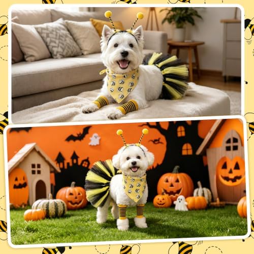 SCENEREAL Small Dog Halloween Costume, Bee Bandana Hat Dress Set with Leg Sleeve, 4pcs Puppy Party Supplies, Soft Triangle Scarf, Cute Tutu Skirt Outfit for Girl Boy Pet - Image 2