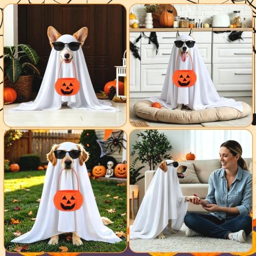 PETKNOWS Halloween Dog Ghost Costume Set with Sunglasses Pumpkin Bag(L) - Image 7