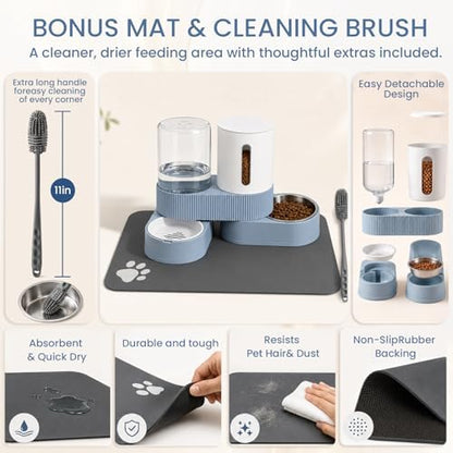Gravity Cat Feeder and Water Dispenser 2 Pack Automatic Stainless Steel Feeder Bowls with Silicone Mat and Brush Set, Dry Food and Water Dispenser for Cats Small Medium Dogs(Blue)