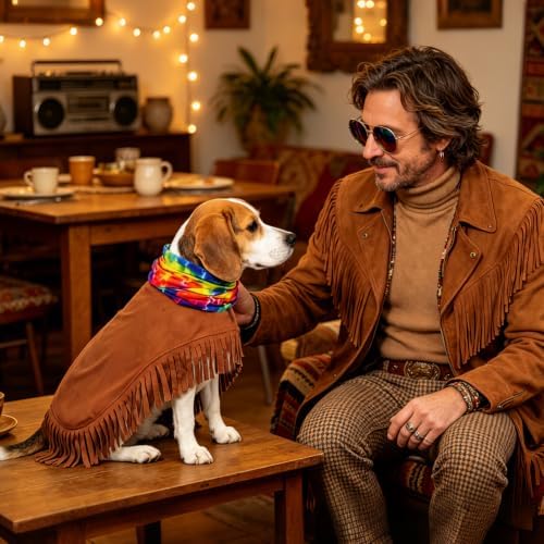 SCENEREAL 4 Pcs Hippie Dog Halloween Costume, Poncho Sunglasses Scarf - Image 3