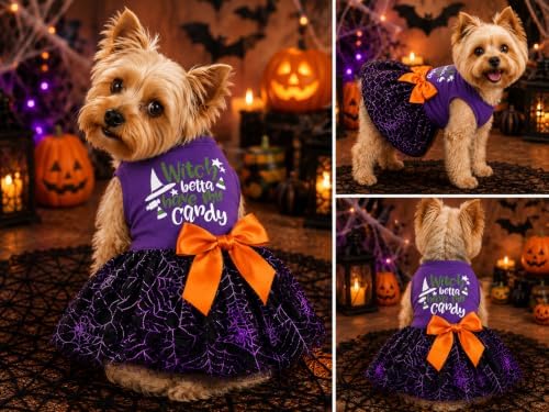 Halloween Dog Dress, Witch Candy Spider Web Tutu Skirt, Holiday Cat Costume for Small Dogs and Cats, Purple Pet Outfit for Puppies and Kittens - Image 7