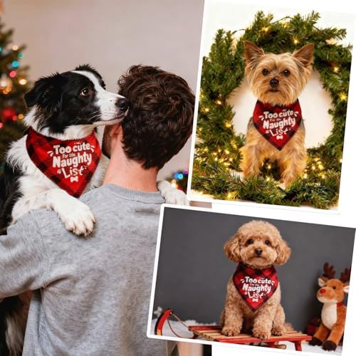 Christmas Dog Bandanas Naughty & Nice Idea Funny Holiday Stocking Pet Scarf Gifts - Too Cute for the Naughty List, Red Plaid, Extra Large Breed, 75lbs+ - Image 4