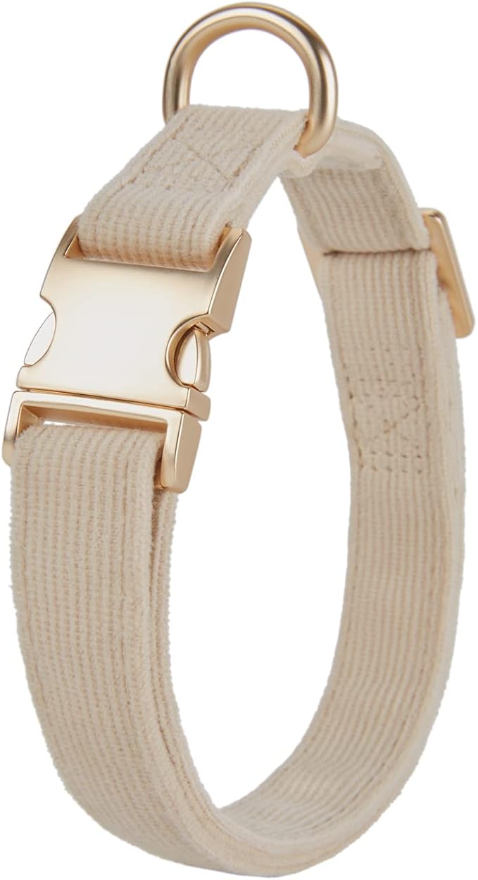 Soft Cotton Dog Collar with Metal Buckle Adjustable Heavy Duty Comfy Corduroy Collars for Small Medium Large Dogs,White,Small