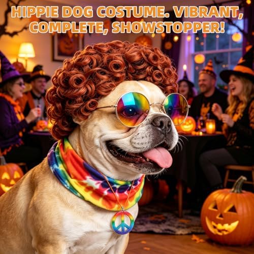Dog Halloween Costumes,4Pcs Hippie Pet Outfit Wig Rainbow Sunglass Peace Necklace Tie-dye Bandana, Adjustable Funny Cat Cosplay Decoration for Christmas Party Festival Small Medium Large Dogs Girl Boy - Image 3