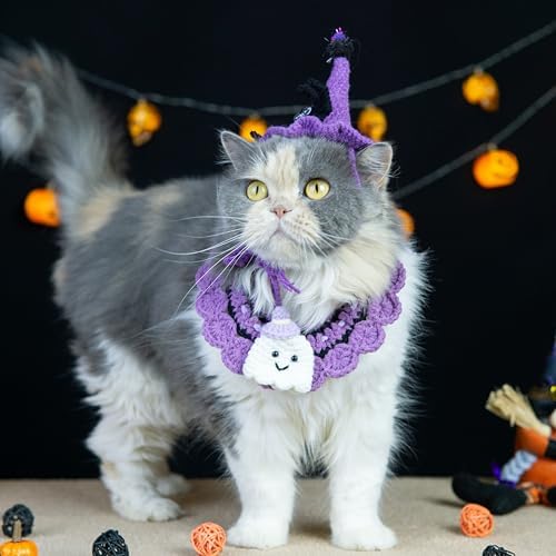 Halloween Cat Costume & Dog Outfit – Handmade Purple Witch Hat & Cute Ghost Cat Clothes, Adjustable Pet Outfit for Rabbits,Cats &Small Dogs, Lightweight & Breathable, Festive Pet Accessories - Image 2