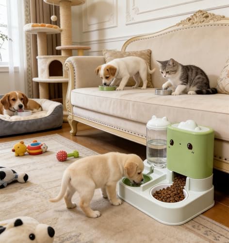 Pet Automatic Feeder Cat Dog Feeding Bowl Food Water Dispenser with Refillable Storage Container Large Capacity Rabbit Feeder Watering Bowls (Green)