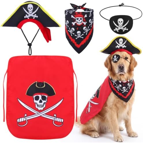 Huhumy 4 Pcs Dog Pirate Costume Hat Cape Bandana, Red, Double Extra Large by Huhumy