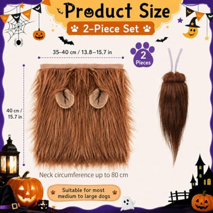 Lion Mane for Dog, Dog Halloween Costumes Set with Brown Wig and Tail - Image 2