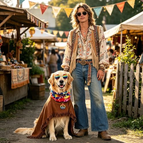 PAWCHIE Halloween Dog Hippie Costume Set 60s 70s, Pet Costume Accessories Includes Hippie Fringed Cape Scarf Glasses and Peace Necklace, Adjustable Boho Pet Outfit for Large Dogs Party Photo, Brown L - Image 7
