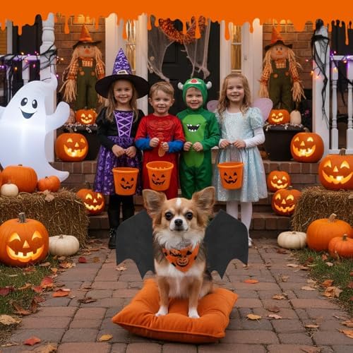 Olanrun Small Dog Halloween Costumes, Adjustable Puppy Dog Bat Wings Costumes for Small Dogs Cats with Pumpkin Bell Skeleton Print On The Back, Pet Costume Halloween Cosplay Party Dress Up, XS Black - Image 6