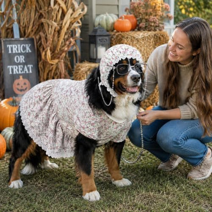 3 Pcs Dog Grandma Costume Set Floral Dog Dress Bonnet and Glasses with Chain Funny Vintage Pet Outfit for Large Dogs Halloween Party Dress Up 5XL - Image 7