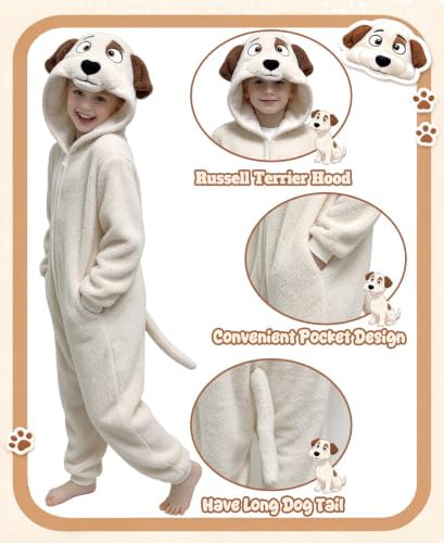 Kids Jack Russell Terrier Dog Costume Dog Onesie Pajamas Zipper Halloween Cosplay Costume for Boys Girls - Image 4