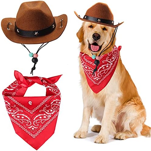 Yewong Pet Cowboy Costume Accessories - Dog Cat Pet Size Cowboy Hat and Bandana Scarf West Accessories for Puppy Kitten Party Festival and Daily Wearing Set of 2 (Coffee) by Yewong