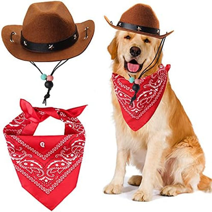 Yewong Pet Cowboy Costume Accessories - Dog Cat Pet Size Cowboy Hat and Bandana Scarf West Accessories for Puppy Kitten Party Festival and Daily Wearing Set of 2 (Coffee) by Yewong
