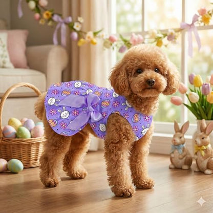 Easter Dog Dress Purple Bunny & Egg Pattern, Cute Spring Girl Puppy Skirt with Large Satin Bow, Soft Breathable Pet Clothes for Small Medium Dogs & Cats, Holiday Party Outfit Apparel - Image 5