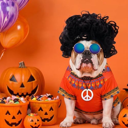 Kinlop 4 Pcs Hippie Dog Costume Halloween Pet Costume Accessories Includes 60s 70s African Dashiki T-Shirt Afro Wig Peace Sign Necklace and Sunglasses for Party Dress Up(L) - Image 6