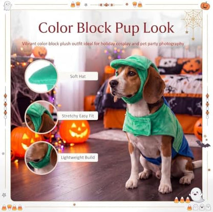 Newcotte Dog Halloween Costume Set Funny Green Overalls Outfit with Hat Retro Buddy Themed Dog Clothes for Cosplay Party(Large) - Image 3