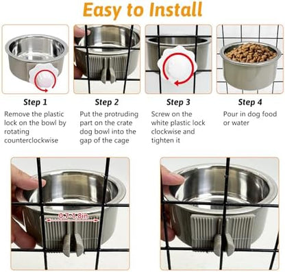 Hamiledyi Crate Dog Bowl Cat 2 Pcs Removable Stainless Steel Hanging No Spill Pet Bowl for Kennels Durable Detachable Design Fits Small Medium Dog Cages (Grey