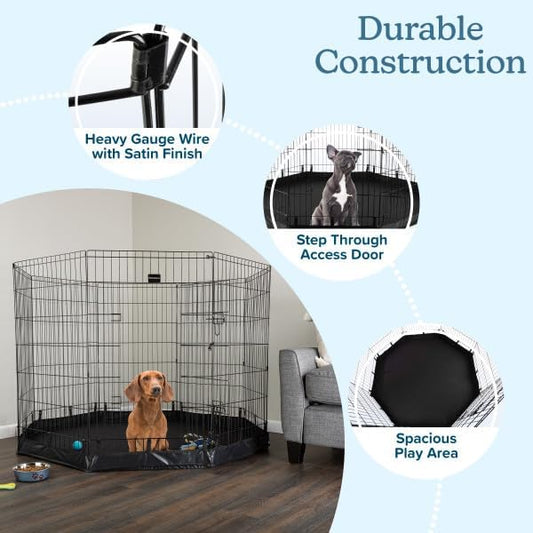 Dog Playpen - Foldable Metal Exercise Puppy Play Pen with Eight 24x42in Extra-Tall Panels and Gate - Indoor/Outdoor Dog Fence with Fabric Bottom for Dogs, Cats or Small Animals by PETMAKER (Black)