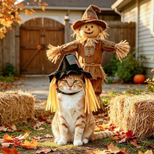 NAMSAN Pet Scarecrow Costume for Cats Small Dogs Rabbits, Halloween Cat Hat with Wig, Small Dog Scarecrow Hat, Halloween Cat Wig Straw Outfit for Holiday Party Cosplay Statue Decoration - Image 2