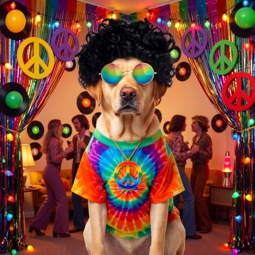 Kinlop 4 Pcs Hippie Dog Costume Halloween Pet Costume Accessories Includes 60s 70s Colorful Tie Dye T-Shirt Funky Wig Peace Sign Necklace and Sunglasses for Party Dress Up(XXL) - Image 5