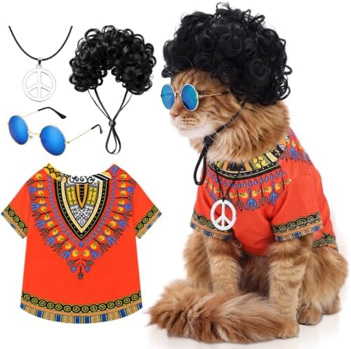 Kinlop 4 Pcs Hippie Dog Costume Halloween Pet Costume Accessories Includes 60s 70s African Dashiki T-Shirt Afro Wig Peace Sign Necklace and Sunglasses for Party Dress Up(S) by Kinlop