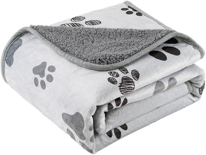 Waterproof Dog Blankets, 30"x40" Cat Blanket for Indoor Cats, Soft Fluffy Sofa Car Bed Protector, Reversible Sherpa Fleece Puppy Blanket for Small Medium Dogs (Light Grey-Paws)