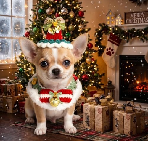 Christmas Dog Costume, Handmade Cat Holiday Outfit with Christmas Tree Hat & Wreath Scarf Set, Adjustable,Lightweight & Breathable,Pet Accessories for Xmas Party & Photos - Image 3