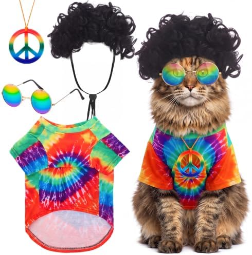 Kinlop 4 Pcs Hippie Dog Costume Halloween Pet Costume Accessories Includes 60s 70s Colorful Tie Dye T-Shirt Funky Wig Peace Sign Necklace and Sunglasses for Party Dress Up(S) by Kinlop