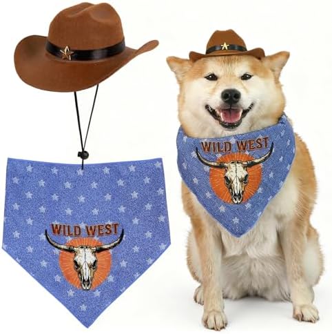 HOWWFALY Pet Cowboy Costume Set Dog Halloween Costumes Cat Cowboy Hat & Bandana Scarf for Small Medium Breeds(Bule, Medium) by HOWWFALY