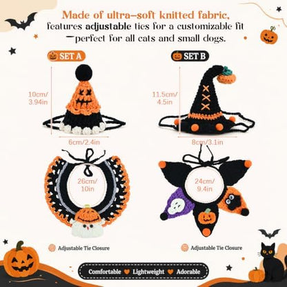 4 Pcs Halloween Cats Dogs Pets Crochets Handmade Collars Soft Wool Neck Collars with Hats Knitted Costume Photo Shoot Props Bibs for Multiple Family Matching Set (Cool Pumpkins) - Image 2