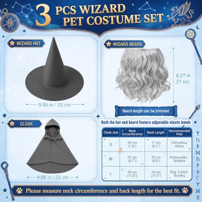 3 Pcs Halloween Pet Wizard Costume for Small Dogs Cats Kitten Puppy Cosplay Outfit Gray Polyester Halloween Party (L) - Image 2