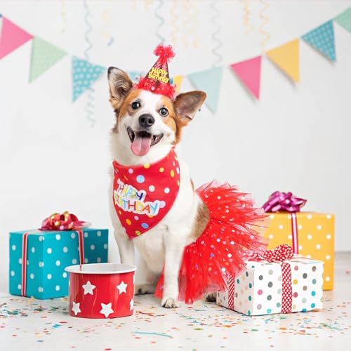 SCENEREAL Dog Birthday Bandana with Hat and Dress Girl Set, Puppy Birthday Party Supplies, Cute Tutu Skirt Red Outfit for Small Medium Large Dogs - Image 3