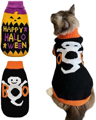 2Pcs Halloween Dog Sweaters Kitten Cat Knitwear Puppy Cat Halloween Pumpkin Ghost Sweater Pet Halloween Sweater Clothes Outfit Costume for Kittens Cats Puppies Small Medium Dogs XL by PetToysSupplies