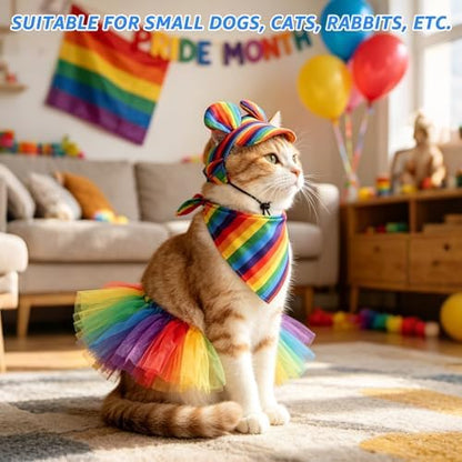 SCENEREAL Dog Pride Costume Small Medium Dogs, Rainbow Dog Bandana Hat Dress Set, 3pcs Pet Party Supplies, Cute Tutu Pride Accessories - Image 6
